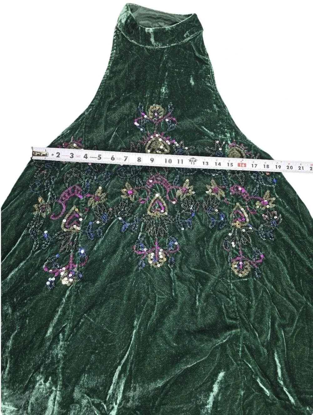 Free People Women’s Size S Emerald Green Velvet Embroidered Beaded Mini Dress